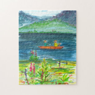 Bergsee Kayak Boat Aquarellmalerei Puzzle