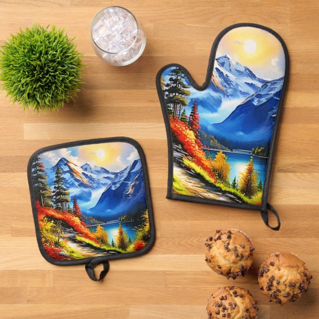Bergsee: Landschaftliche Sicht Ofenhandschuh & Topflappen-Set (Oben Unten)