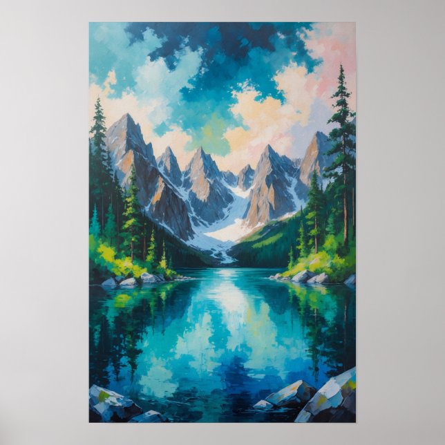 Bergsee mit Kiefernwald Reflexionslandschaft Poster (Vorne)