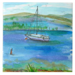 Bergsee Sailboat Aquarellmalerei Fliese