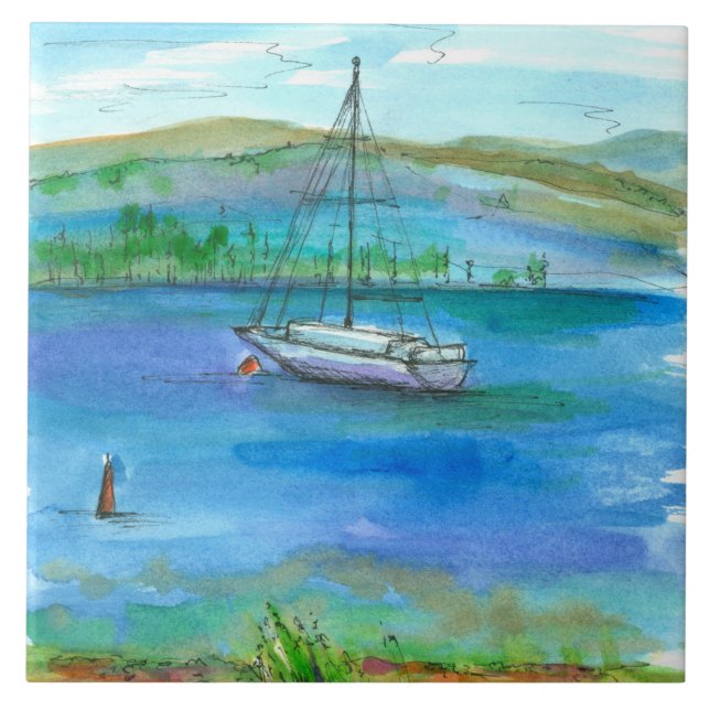 Bergsee Sailboat Aquarellmalerei Fliese (Vorderseite)