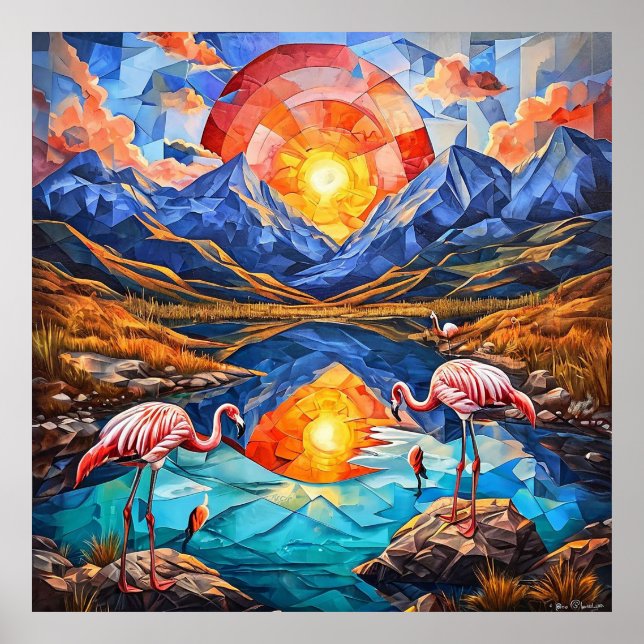 Bergsee und Flamingo Poster (Vorne)