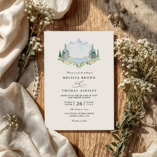 Bergsee-Wald-Baum-Rustikale-QR-Code-Hochzeit Einladung (Von Creator hochgeladen)