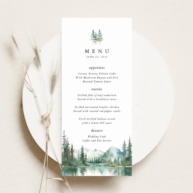 Bergsee-Wald-Hochzeitsempfang-Abendessen Menükarte (Mountain Lake Wedding Menu Card, Watercolor Woodland Wedding Menu, Forest Wedding Reception Menu)