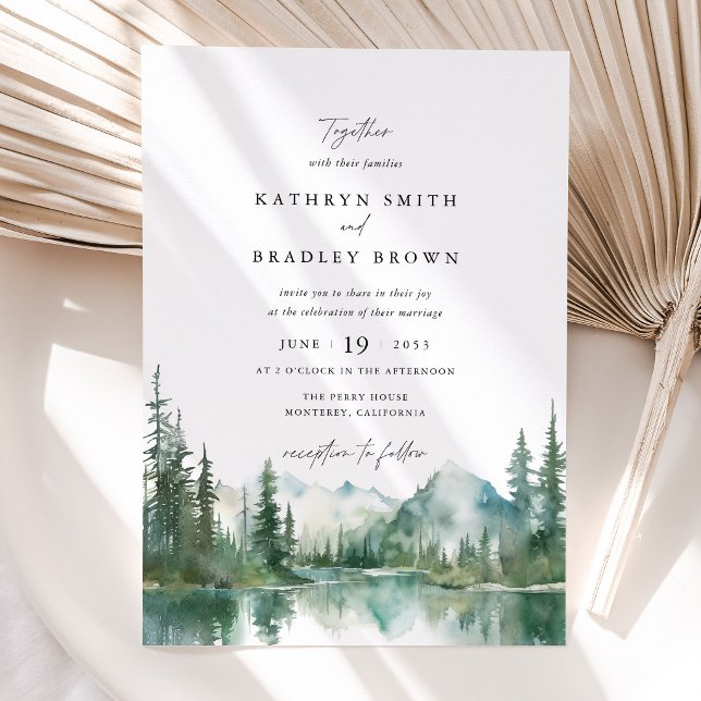 Bergsee-Waldhochzeit Einladung (Mountain Lake Wedding Invitation with Photo Back, Watercolor Forest Woodland Wedding Invitation)