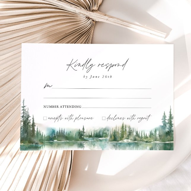 Bergsee-Waldhochzeit RSVP Karte (Mountain Lake Wedding RSVP Card, Watercolor Forest Woodland Wedding Response Card, Adventure RSVP)