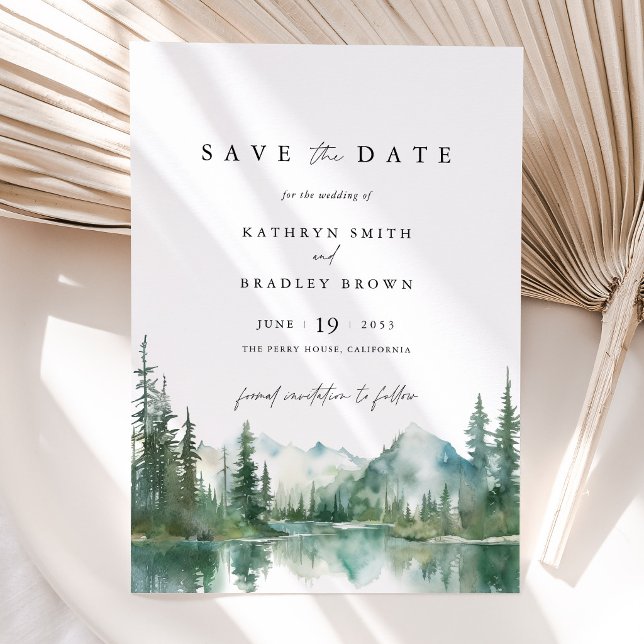 Bergsee-Waldhochzeit Save The Date (Mountain Lake Save the Date Card, Watercolor Forest Woodland Wedding Announcement Card)