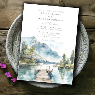 Bergsee Wasserfarbenwald Bäume Hochzeit Einladung