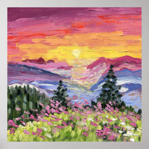 Bergsonnenaufgang mit Wildblumen Poster