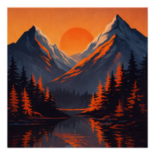Bergsonnenuntergang Reflexion Feuerorange Himmel Poster