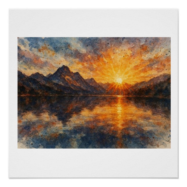 Bergsonnenuntergang über dem See,  Poster (Vorderseite)