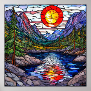 Bergszene mit einem See und Bäumen Poster