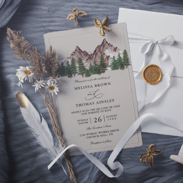 Bergwald Baum Rustikale Budget QR-Code Hochzeit Einladung (Von Creator hochgeladen)