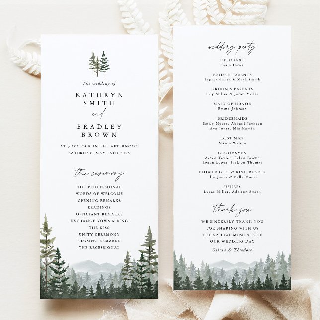 Bergwald-Kiefern-Hochzeitszeremonie-Programm Programm (Mountain Forest Wedding Program, Sage Green Pine Tree Ceremony Program, Woodland Wedding Stationery)