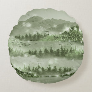 Bergwald Landschaft Seen Mixed Media Rundes Kissen