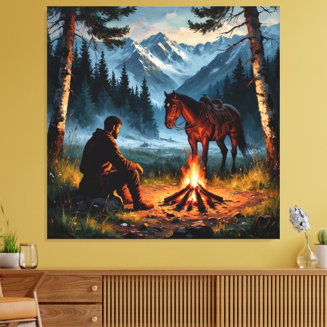 Bergwald mit Pferd bei Twilight Leinwanddruck (Insitu (Wohnzimmer))