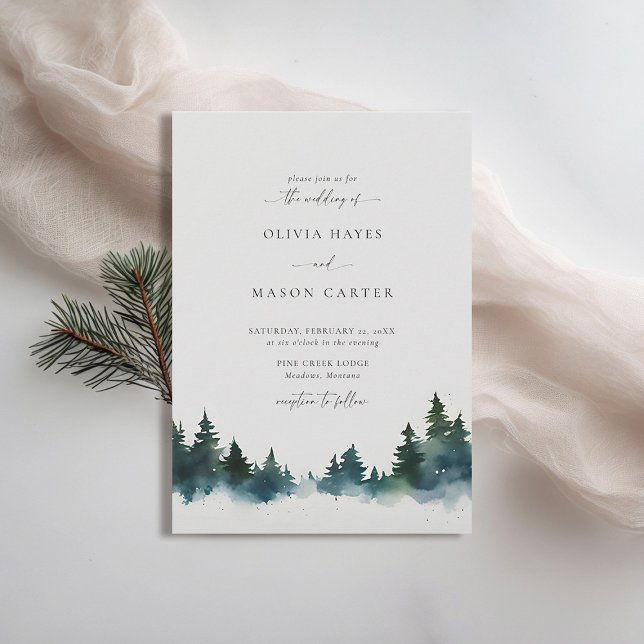 Bergwald Rustikale Außenwelt Moderne Hochzeit Einladung (mountains wedding invitation rustic outdoors forest pine scene watercolor elegant winter spring )