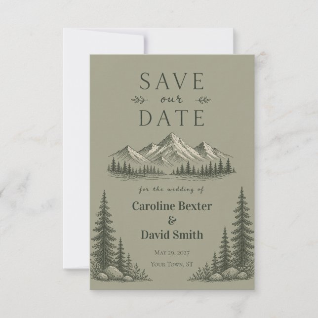 Bergwald Salbei Grünes Hochzeitsdesign Save The Date (Vorderseite)