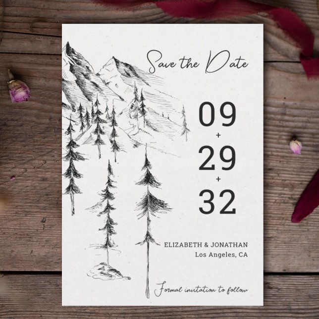 Bergwald von Hand gezeichnet, schlicht und elegant Save The Date (Von Creator hochgeladen)