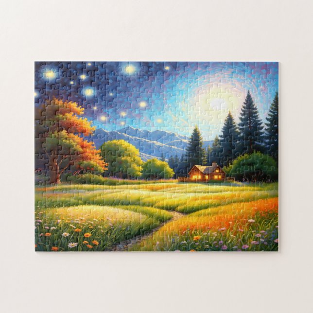 Bergwaldhütten-Kunst Puzzle (Horizontal)