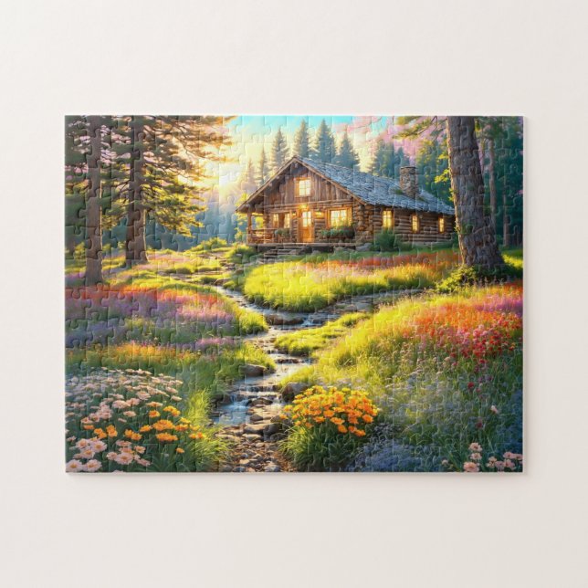 Bergwaldhütten-Kunst Puzzle (Horizontal)