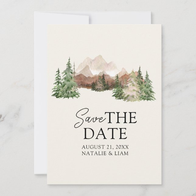 Bergwaldkiefernbäume Hochzeit Save The Date (Vorderseite)