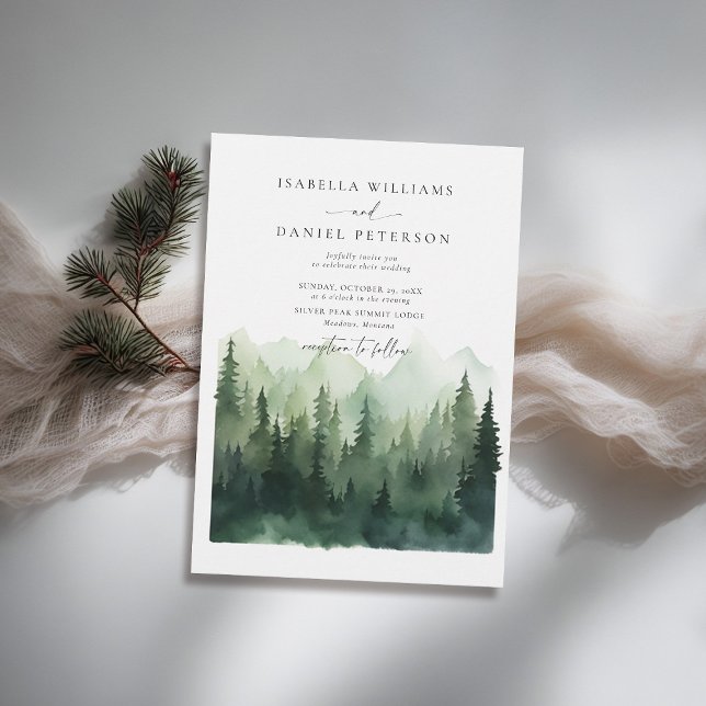 Bergwaldszene Rustikale Hochzeit im Freien Einladung (mountains wedding invitation rustic outdoors forest pine scene watercolor elegant modern classy)