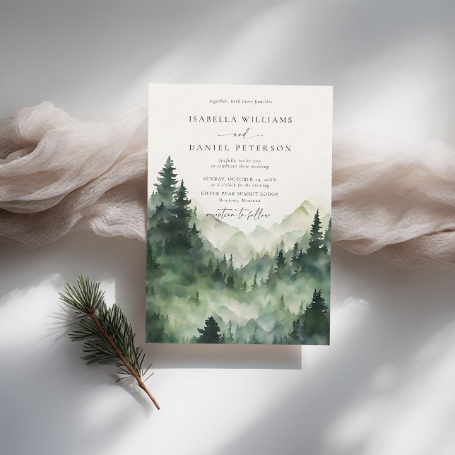 Bergwelt Wald Rustikale Hochzeit im Freien Einladung (mountains wedding invitation rustic outdoors forest pine scene watercolor elegant modern chic)