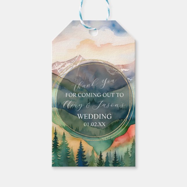 Bergwelt Wasserfarbenwelt Zielort Hochzeit Geschenkanhänger (Vorderseite)