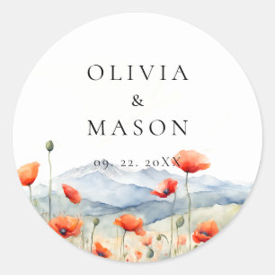 Bergwiese Sommer Mohn Romantische Hochzeit Runder Aufkleber