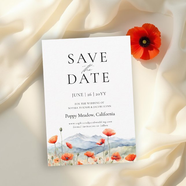 Bergwiese Sommer Mohn Romantische Hochzeit Save The Date (wildflower wedding save the date card mountain outdoors rustic red poppies meadow watercolor elegant)