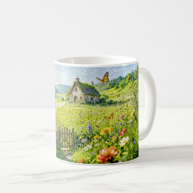 Bergwiesenhaus mit Blumen, Tor und Aber Kaffeetasse (VorderseiteRechts)