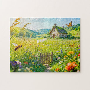 Bergwiesenhaus mit Blumen, Tor und Aber Puzzle