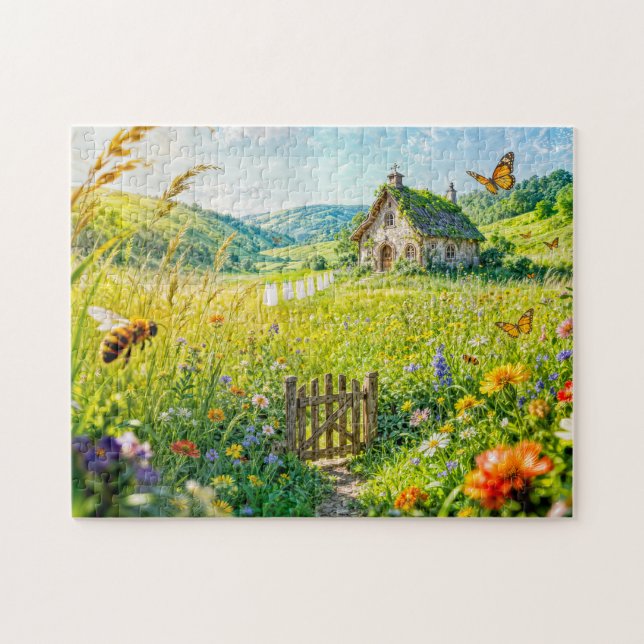 Bergwiesenhaus mit Blumen, Tor und Aber Puzzle (Horizontal)