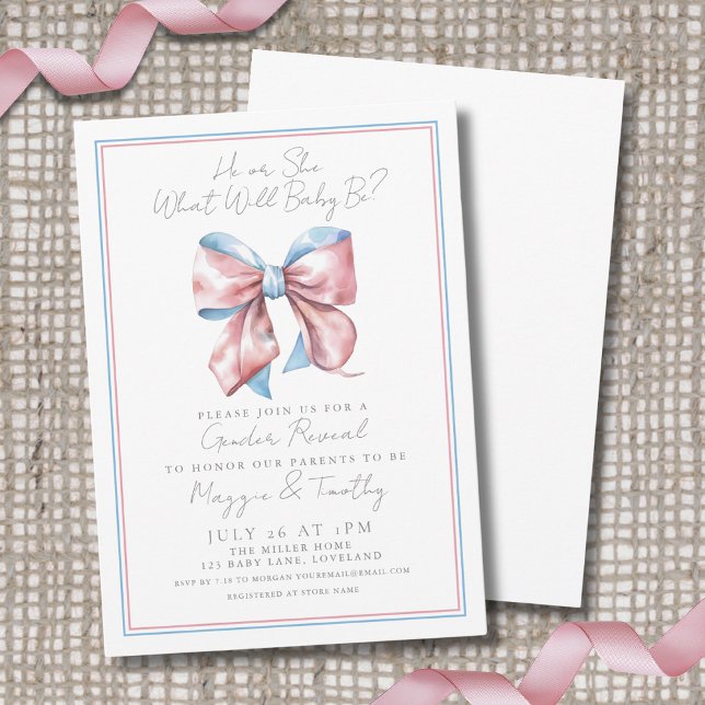Bericht über das Rosa und das Blaue Geschlecht Einladung (Bow Pink And Blue Gender Reveal Invitation )