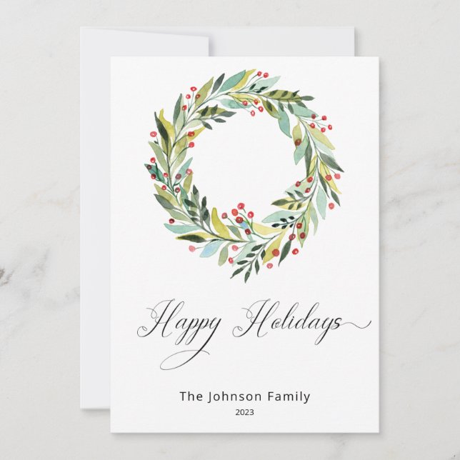 Beries and Greenery Wreath Holiday Card Einladung (Vorderseite)