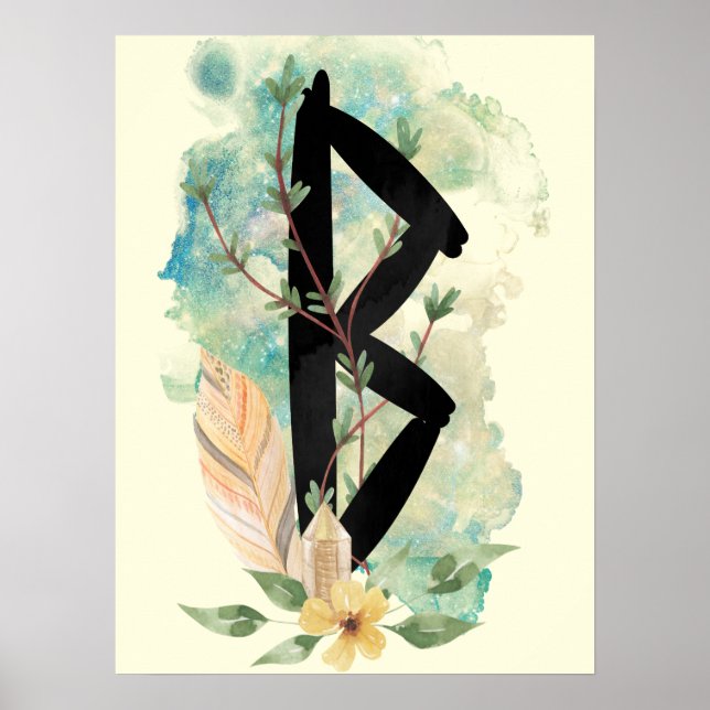 Berkano Floral Green & Yellow Norse Futhark Rune Poster (Vorne)