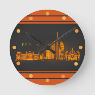 Berliner Skyline Orange Neon Look Stadtmauer Runde Wanduhr