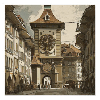 Bern Schweiz Vintage-Uhr Reise   Poster