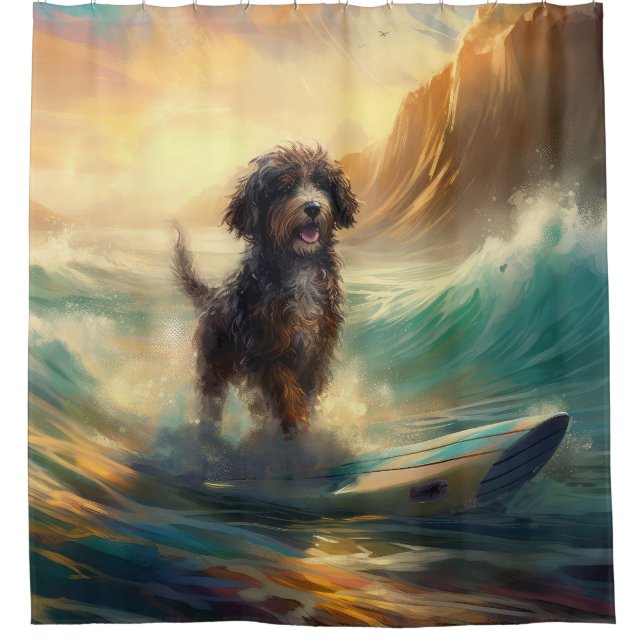 Bernedoodle Beach Surfen Malerei Duschvorhang (Vorderseite)