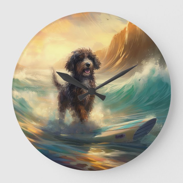 Bernedoodle Beach Surfen Malerei Große Wanduhr (Vorderseite)