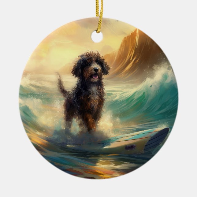 Bernedoodle Beach Surfen Malerei Keramik Ornament (Vorne)