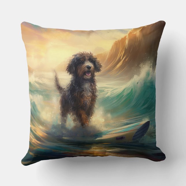 Bernedoodle Beach Surfen Malerei Kissen (Rückseite)