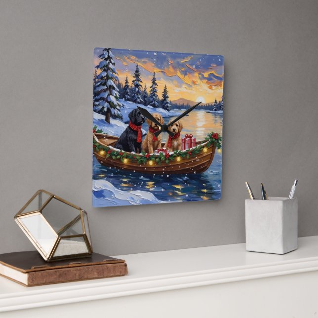 Bernedoodle Christmas Boat Holiday Quadratische Wanduhr (Büro)