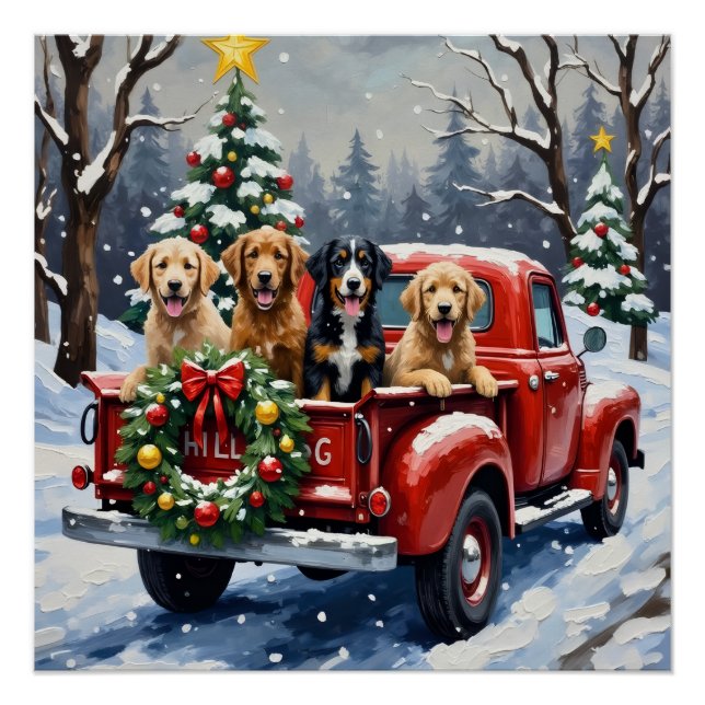 Bernedoodle Christmas Red Truck Holiday Poster (Vorderseite)