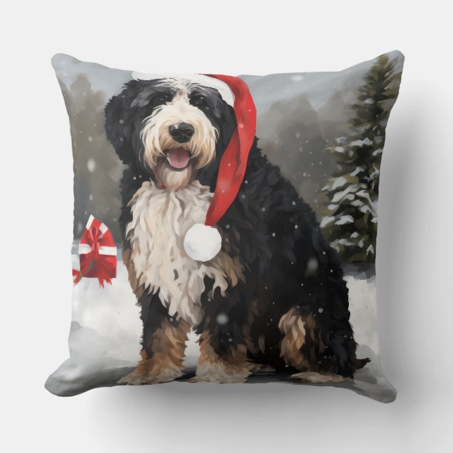 Bernedoodle Dog in Schnee Weihnachten Kissen (Vorderseite)