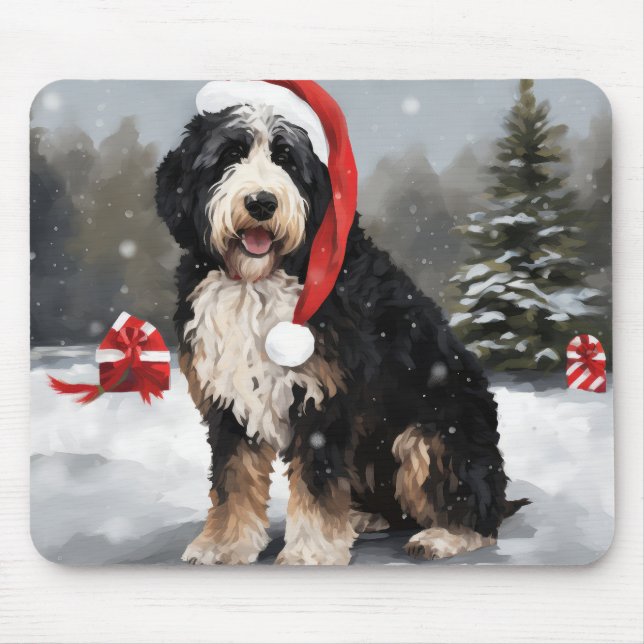 Bernedoodle Dog in Schnee Weihnachten Mousepad (Vorne)