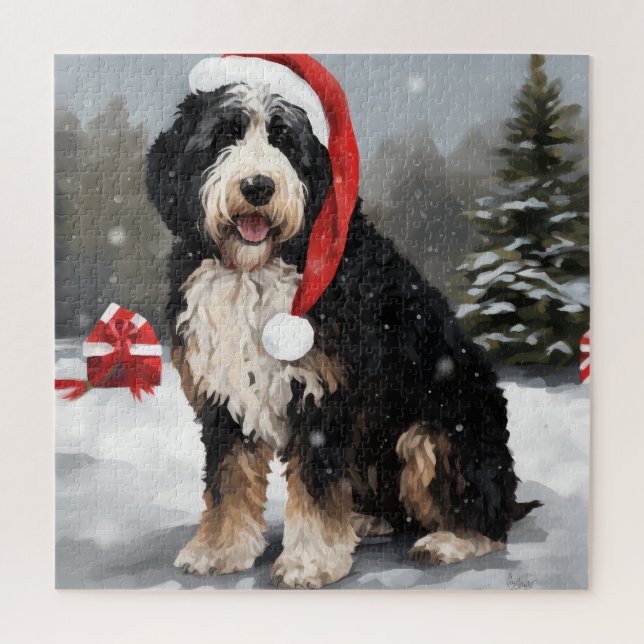 Bernedoodle Dog in Schnee Weihnachten Puzzle (Vertikal)