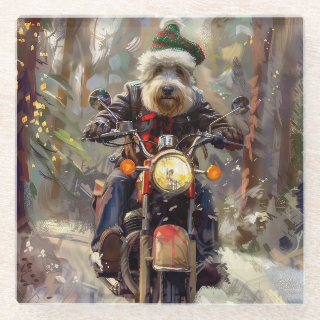 Bernedoodle Dog Riding Motorrad Weihnachten Glasuntersetzer (Vorderseite)