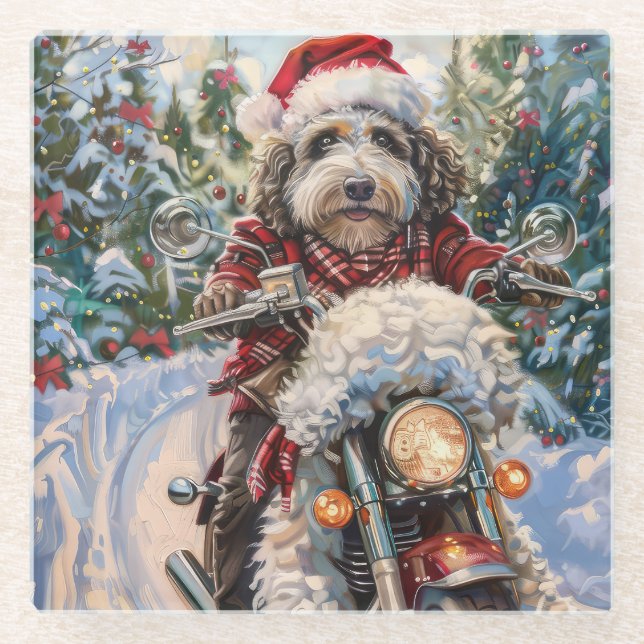 Bernedoodle Dog Riding Motorrad Weihnachten Glasuntersetzer (Vorderseite)